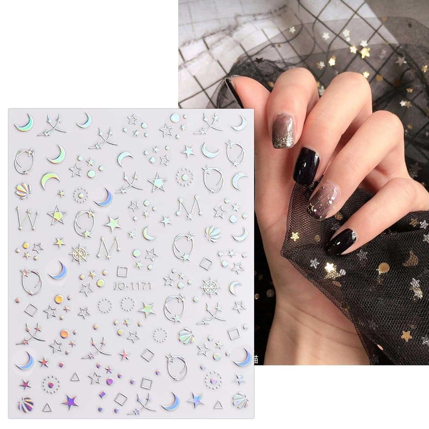 JMEOWIO Nagelsticker Aurora Holografisch 9 Blatt Nagelaufkleber Selbstklebend Herz-Flamme Spielt Schmetterlings-Mond Die Hauptrolle Nail Art Naklejka Dekoracja Nageldesign Zubehör