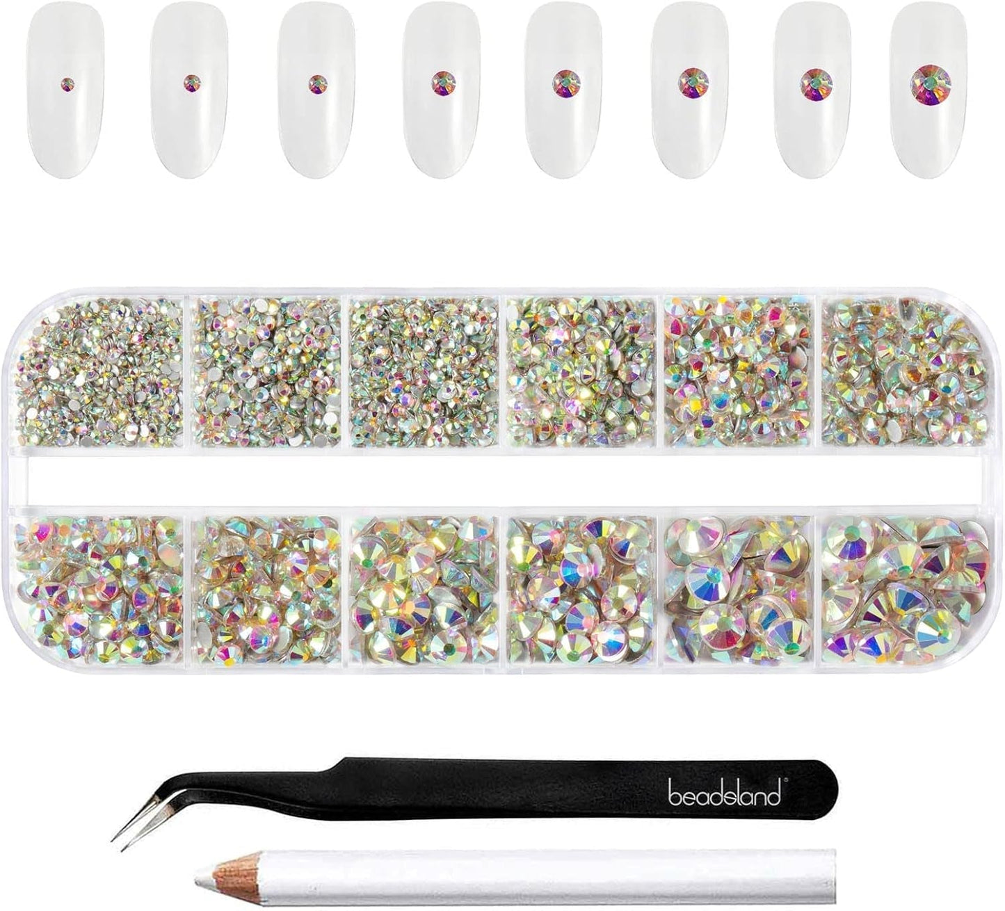 Beadsland 2500 szt. Glas Nailart Strasssteine ​​​​Kristall Flatback Edelsteine ​​​​Runde, ​​Für Handwerk Gemischt 8 Größen SS4 ~ SS30 Mit Picking Pinzette Und Stift (Kristall Weiss)