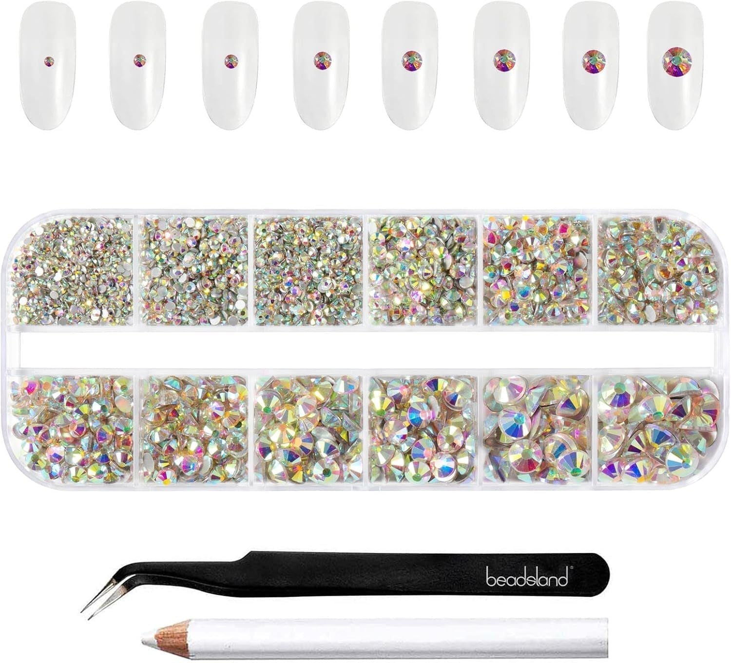 Beadsland 2500 szt. Glas Nailart Strasssteine ​​​​Kristall Flatback Edelsteine ​​​​Runde, ​​Für Handwerk Gemischt 8 Größen SS4 ~ SS30 Mit Picking Pinzette Und Stift (Kristall Weiss)