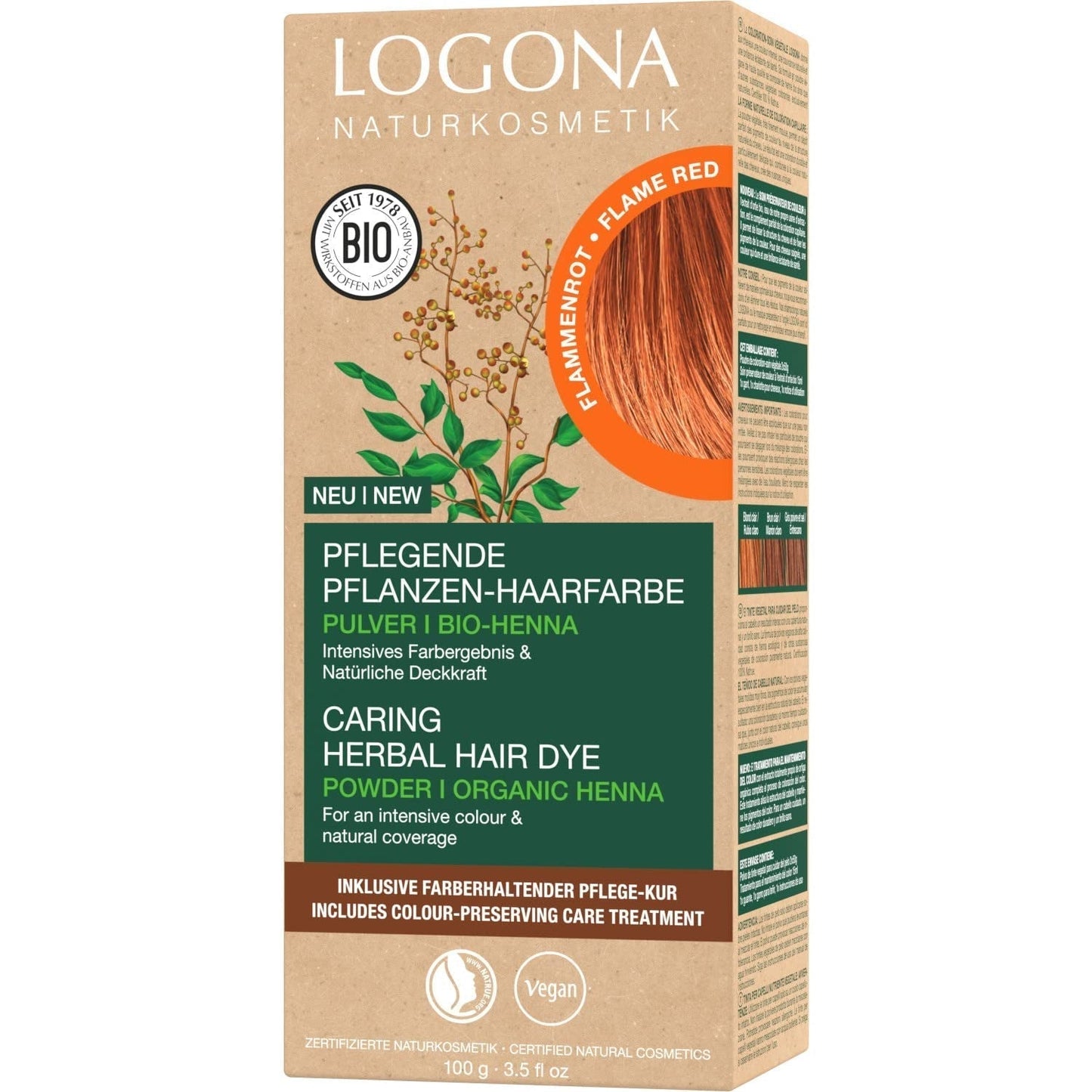 LOGONA Natural Cosmetics Ziołowa odżywcza farba do włosów, organiczna henna w proszku Wegańska farba do włosów dla intensywnego koloru i połysku, ziołowa farba do włosów w kolorze Miedziany Blond (Blond), 1 x 100g Naty Shop Flame Red Farba do włosów 100G (1 opakowanie)