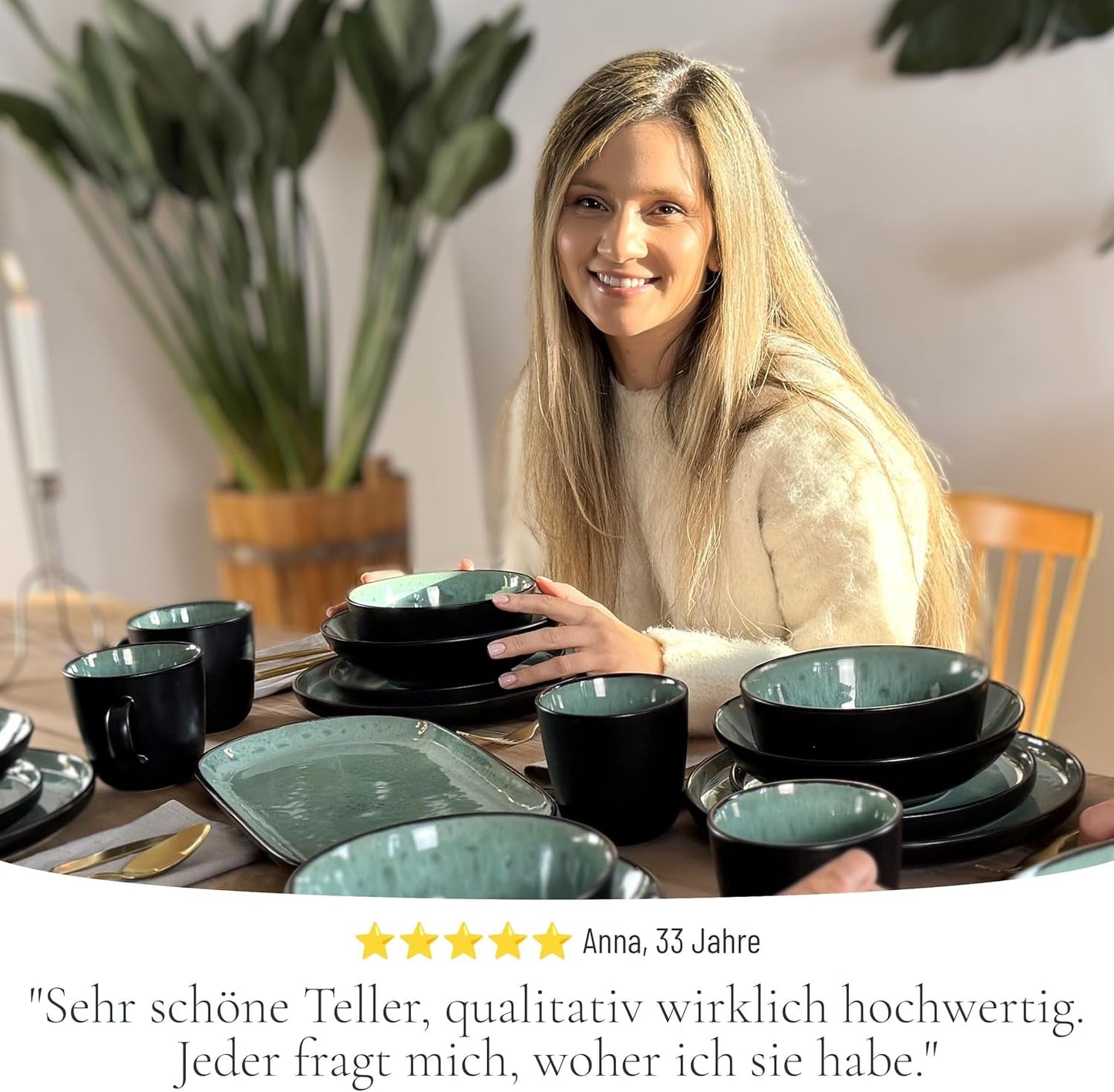 24-częściowy zestaw obiadowy z kamionki ceramicznej dla 6 osób, projekt Ibiza, ZWYCIĘZCA TESTU. Wspaniały śródziemnomorski zestaw zastawy stołowej obejmujący miski i talerze. Zestaw zastawy stołowej Pure Living w kolorze szałwiowej zieleni.