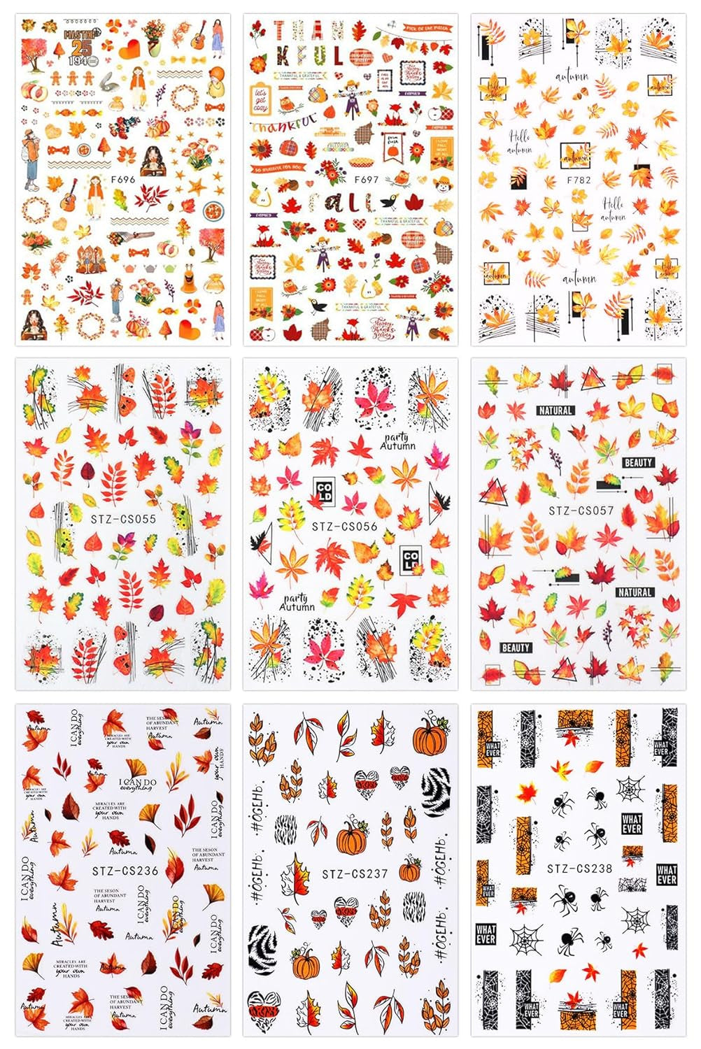 JMEOWIO Nagelsticker Herbst 9 Blatt Nail Art Naklejka Selbstklebend Nagelaufkleber Kürbis Ahornblatt Erntedankfest Dekoration Nageldesign Zubehör