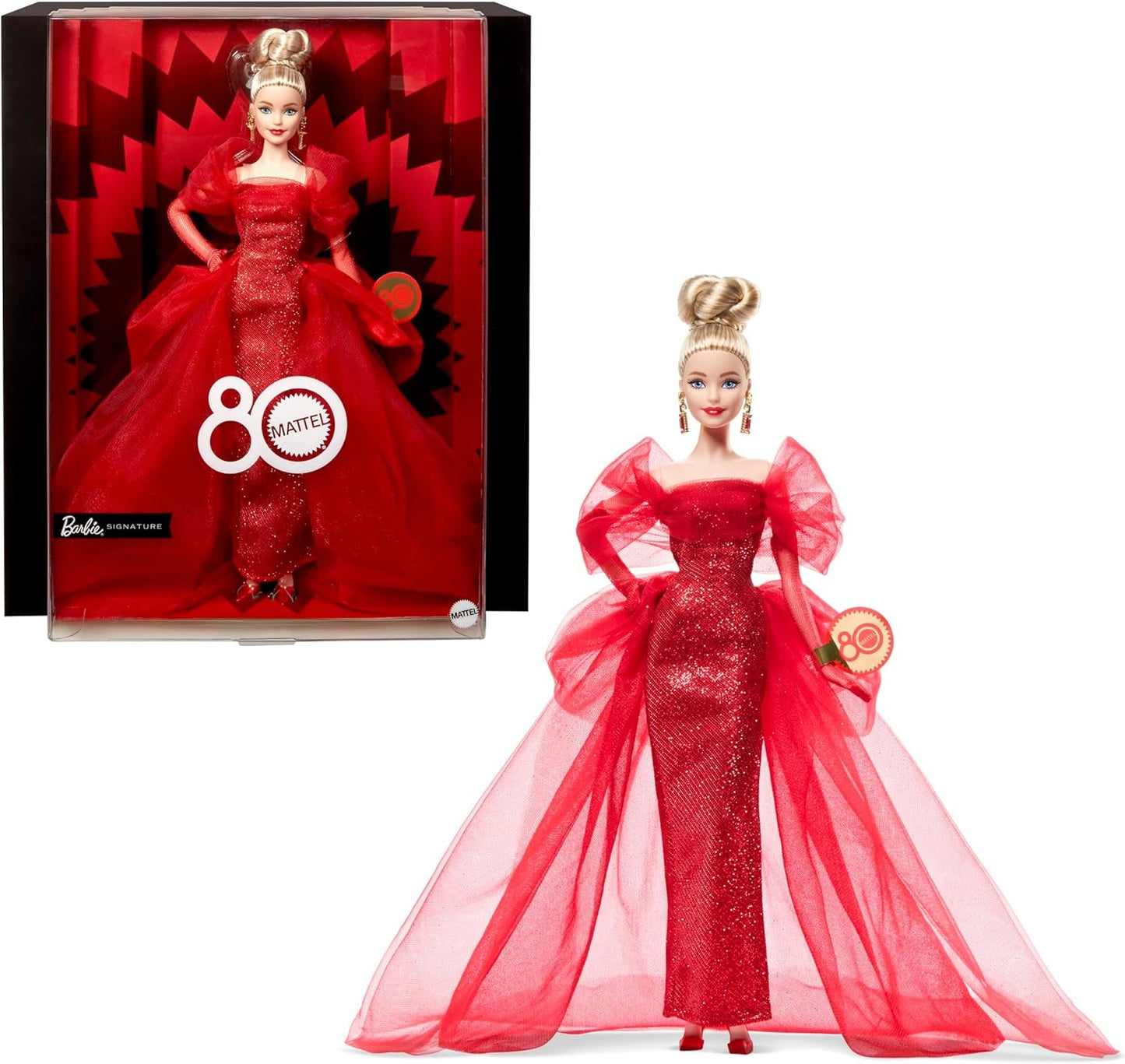 Lalka Barbie Signature 80. rocznica Mattel Figurka kolekcjonerska w błyszczącej czerwonej tiulowej sukience z kolczykami w kształcie łezki i delikatnymi rękawiczkami Blond włosy JBJ17