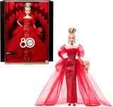 Lalka Barbie Signature 80. rocznica Mattel Figurka kolekcjonerska w błyszczącej czerwonej tiulowej sukience z kolczykami w kształcie łezki i delikatnymi rękawiczkami Blond włosy JBJ17