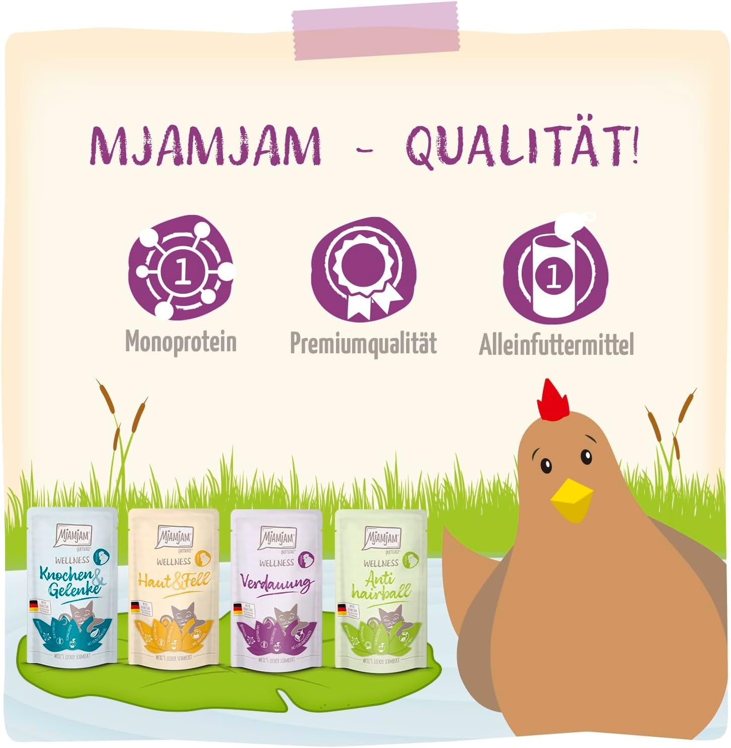 MjAMjAM - Mokra karma Premium dla kotów - Kurczak Wellness Pack 12 opakowań (12 x 125 g) bez zbóż z dodatkowym mięsem