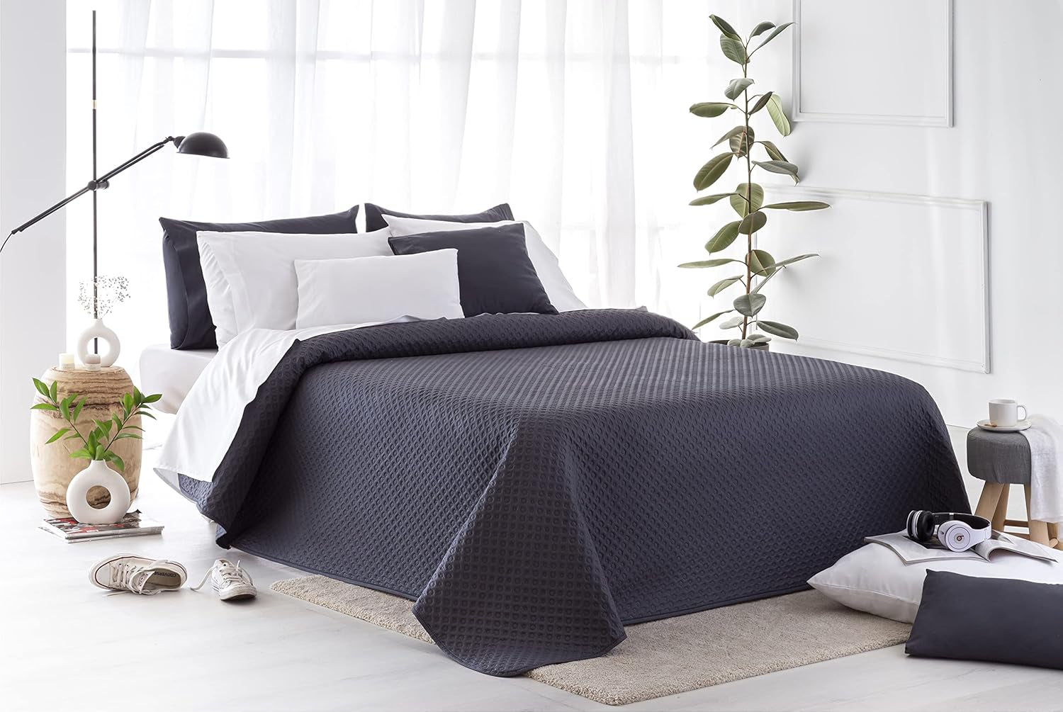 Todocama Fine Boutique narzuta z wzorem piqué, na wiosnę, lato, jesień i zimę, 100% super miękka mikrofibra, wielofunkcyjny koc, 140/150/160-250 X 260 cm, jasnoszary Łóżka i koce Besuche den Todocama-Store Ciemnoszary 200 X 260 cm