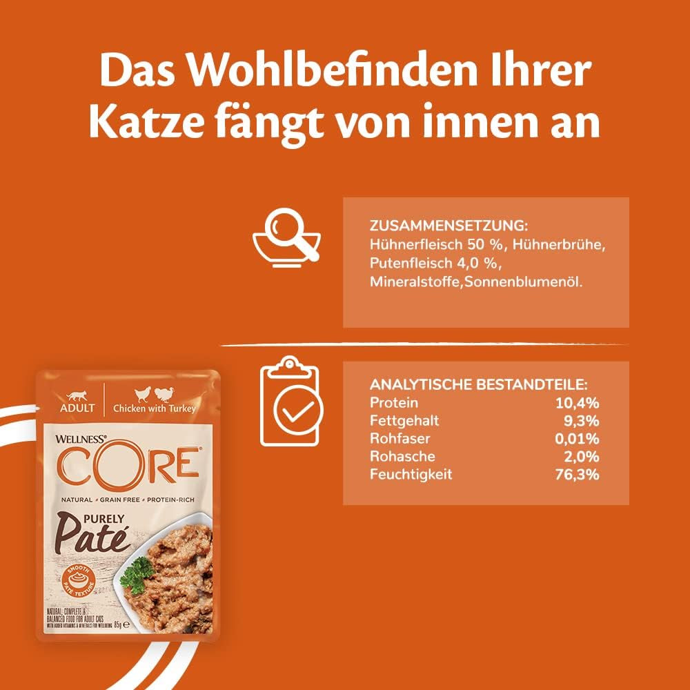 Wellness CORE Purely Paté 24 x 85g, Kurczak i Indyk - Mokra karma dla kotów, delikatny pasztet, bez zbóż, naturalny, hipoalergiczny, o wysokiej zawartości białka, o wysokiej zawartości mięsa