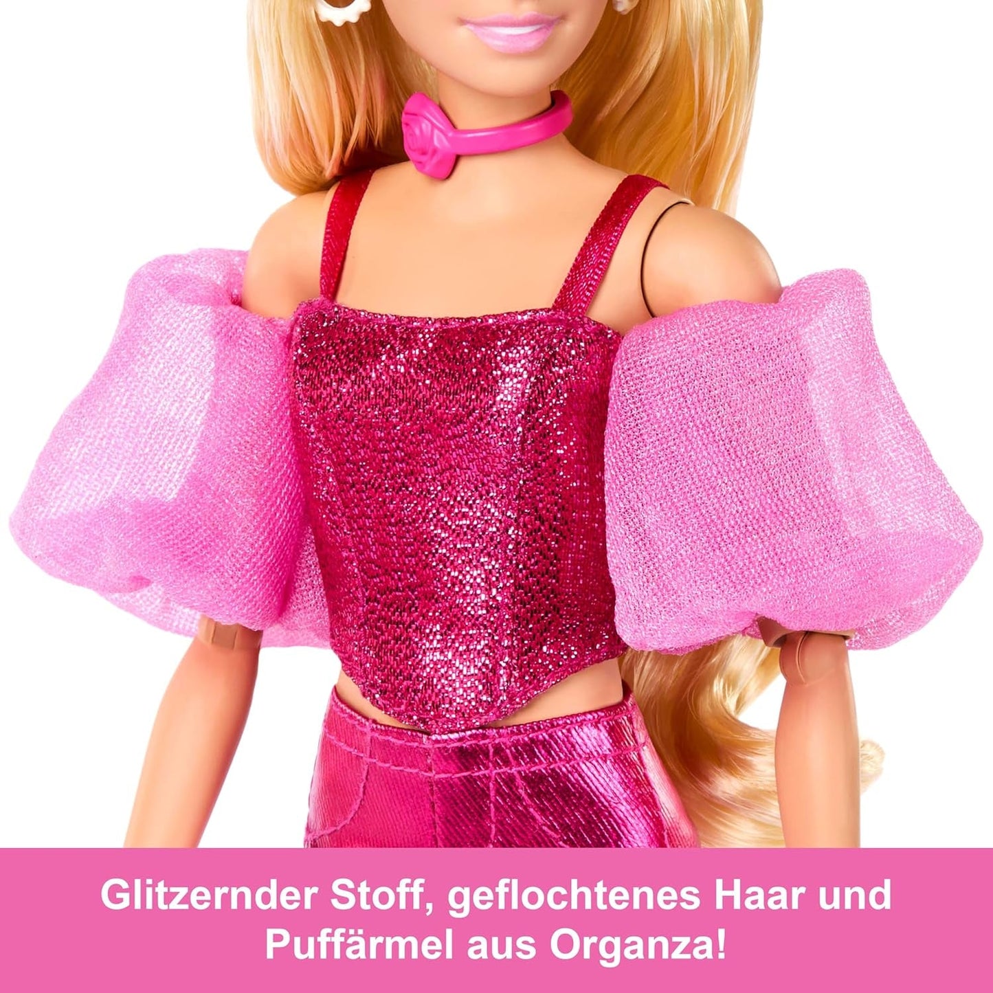 Lalka Barbie Deluxe Style nr 5 w metalicznym różowym blond stroju, z błyszczącym stanikiem i błyszczącymi spodniami, z dodatkami, takimi jak różowy naszyjnik i torebka, JFP40