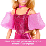 Lalka Barbie Deluxe Style nr 5 w metalicznym różowym blond stroju, z błyszczącym stanikiem i błyszczącymi spodniami, z dodatkami, takimi jak różowy naszyjnik i torebka, JFP40