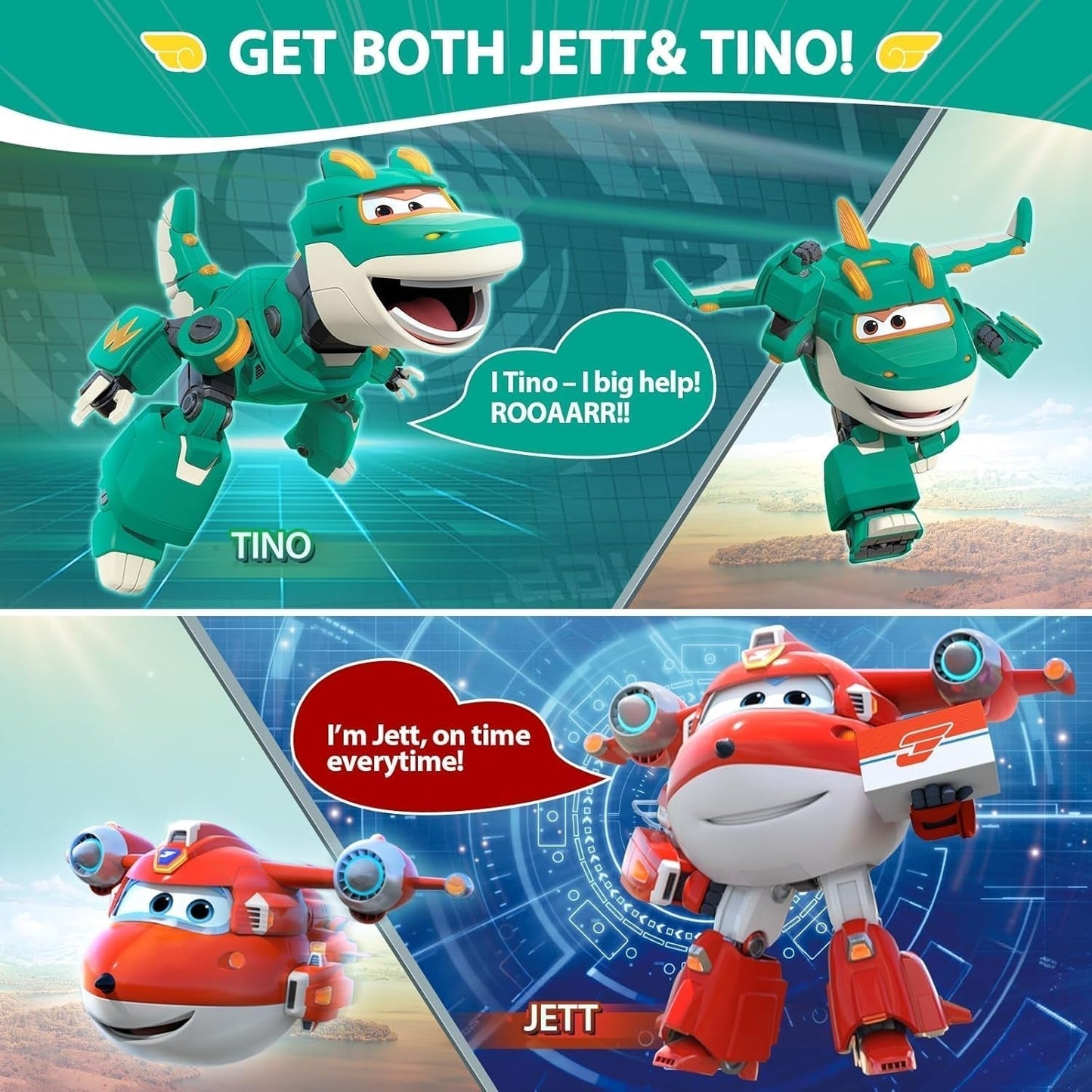 Super Wings 5" Transformujące postacie Zestaw 2 sztuk Transformujący doładowany Jett + Tino Transformator Zabawka dla chłopców i dziewcząt w wieku od 3 lat Czerwone figurki Naty Shop