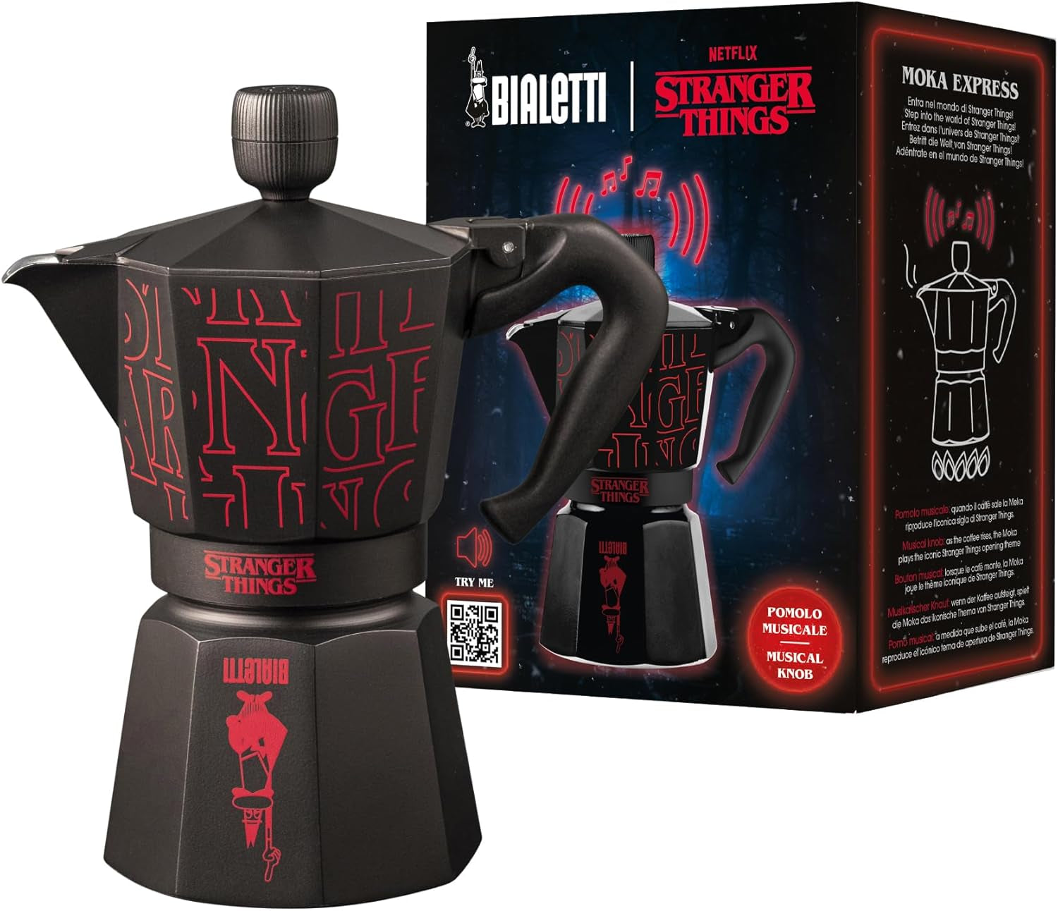 Bialetti Moka Express Stranger Things Ekspres do kawy na 6 filiżanek, przycisk muzyczny z funkcją ładowania USB-C, nie nadaje się do płyt indukcyjnych, 6 filiżanek (270 ml), czarny
