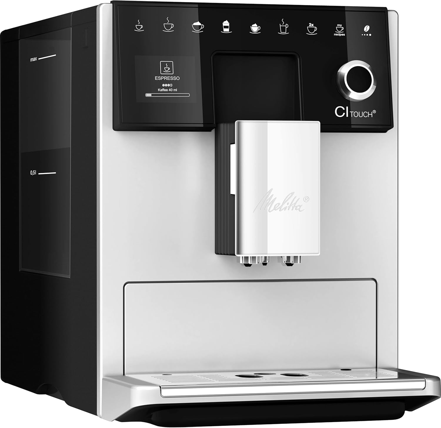 Melitta CI Touch - W pełni automatyczny ekspres do kawy z systemem mlecznym, ekspres ze zintegrowanym młynkiem do kawy i spieniaczem do mleka, m.in. do espresso lub cappuccino, srebrny