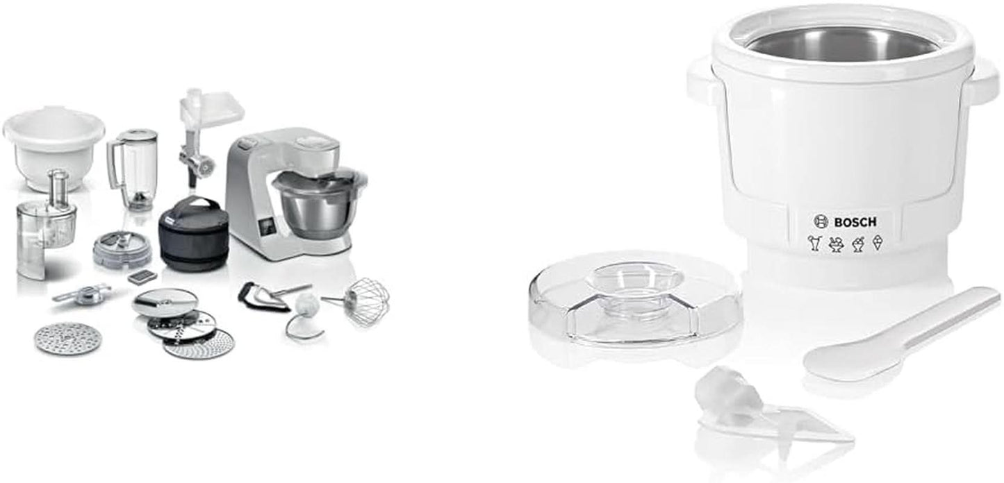 Robot kuchenny Bosch Series 4 MUM5X720, zintegrowana waga, miska ze stali nierdzewnej 3,9 l, mikser 1,25 l, 1000 W Akcesoria Żywność i karmienie piersią Bebe Naty Shop Pakiet z kostkarką do lodu Srebrnoszary 6 akcesoriów