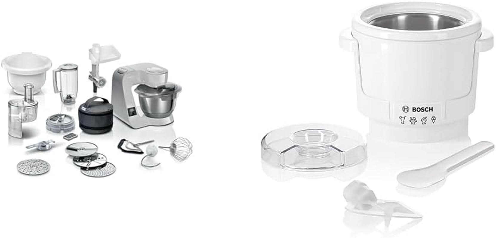Robot kuchenny Bosch Series 4 MUM5X720, zintegrowana waga, miska ze stali nierdzewnej 3,9 l, mikser 1,25 l, 1000 W Akcesoria Żywność i karmienie piersią Bebe Naty Shop Pakiet z kostkarką do lodu Srebrnoszary 6 akcesoriów