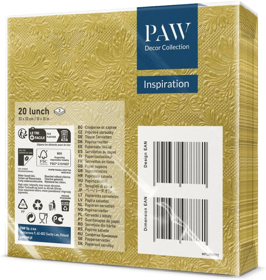 PAW - Serwetki 3-warstwowe (33 x 33 cm) I 20 sztuk I Idealne na Urodziny, Przyjęcia, Wesela, Komunie i Święta I Kolorowe Serwetki Papierowe - Specjalne Okazje, Ozdoby I Inspiracja Klasyczna (Złota)