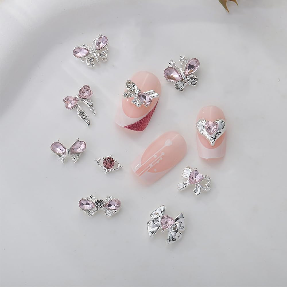 Luxus Rosa Diamant Nagel Charms 3D Butterfly Nail Art Charms Kokarda Charms do paznokci Y2K Heart Charms Nägel Zubehör Schmetterling Herz Schleife Nageldesign Edelsteine ​​​​Strasssteine ​​Glitzersteine ​​​​Nagelschmuck