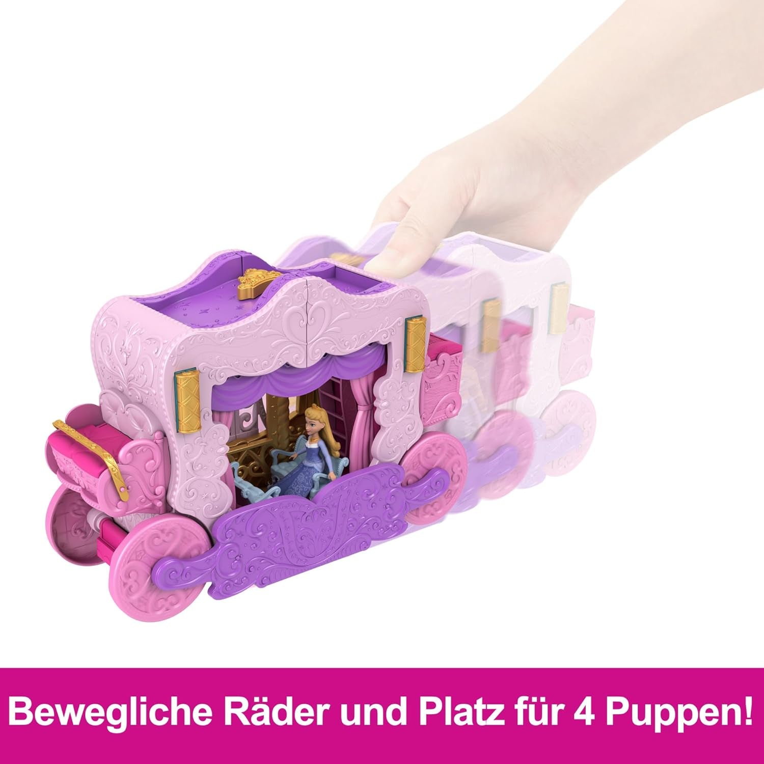 Mattel Disney Princess Zestaw do przekształcenia karetki w zamek z małą lalką Aurora, 3 poziomy, 6 obszarów do zabawy, 4 figurki, meble i akcesoria HWX17 Naty Shop Dolls