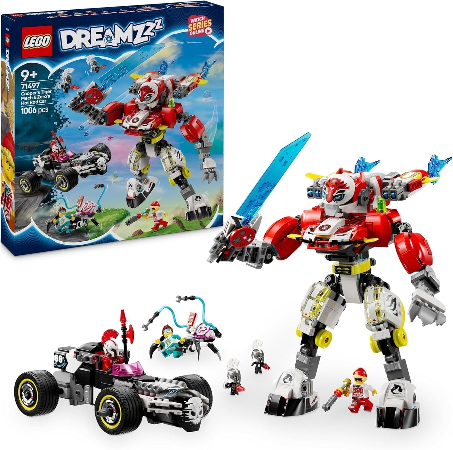 LEGO Dreamzzz Mech Tygrysa Coopera i Samochód Zero's Hot Rod Autko dla dzieci 9-letnich chłopców i dziewcząt Prezent Zestaw 2 w 1 Mech i minifigurka 71497 Zestawy do budowania Besuche den LEGO-Store Default Title