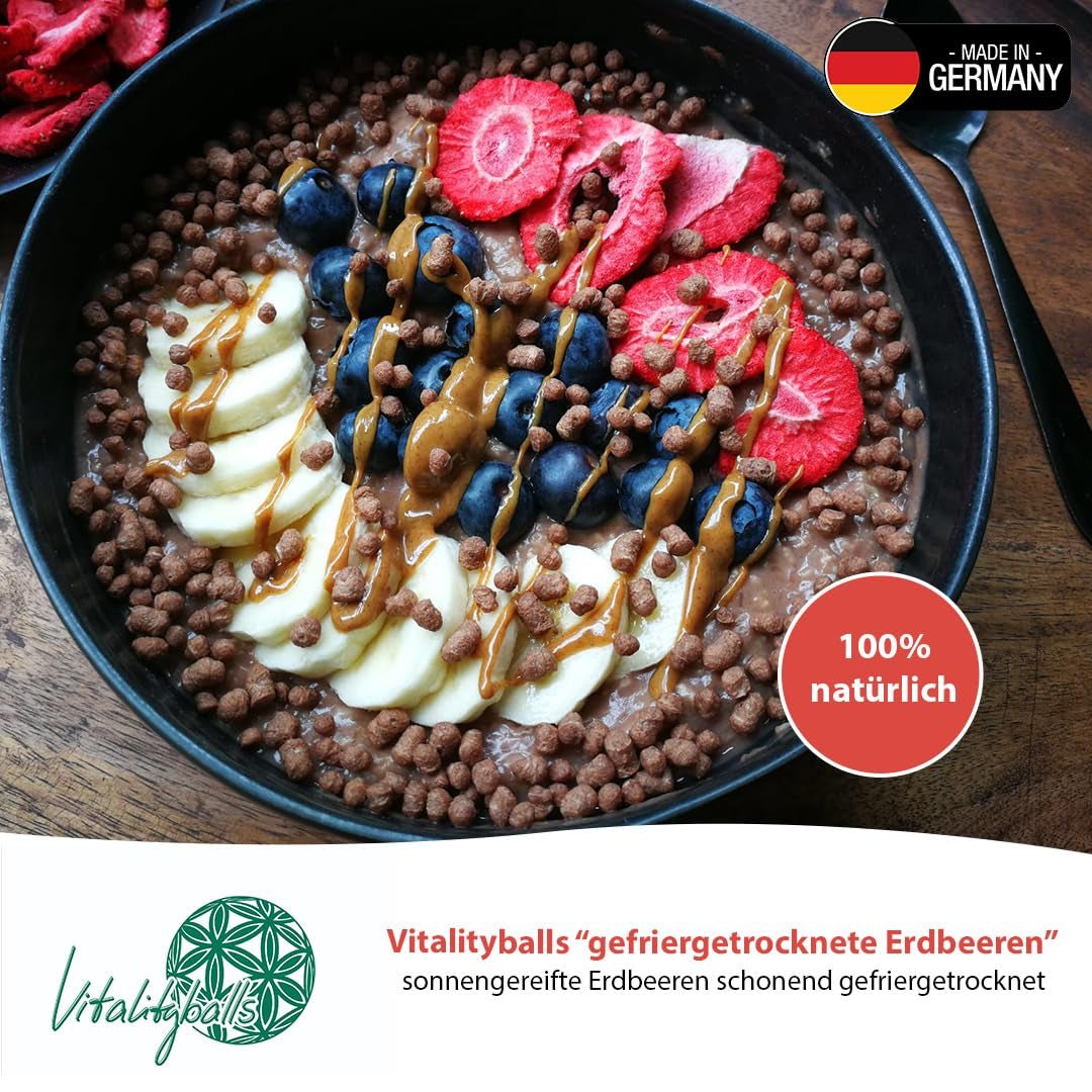 '- 150 g 100% naturalnych i czystych truskawek liofilizowanych - Truskawki suszone w plasterkach - Owoce suszone liofilizowane bez dodatku cukru - Niesłodzone chipsy truskawkowe Produkty suszone Naty Shop