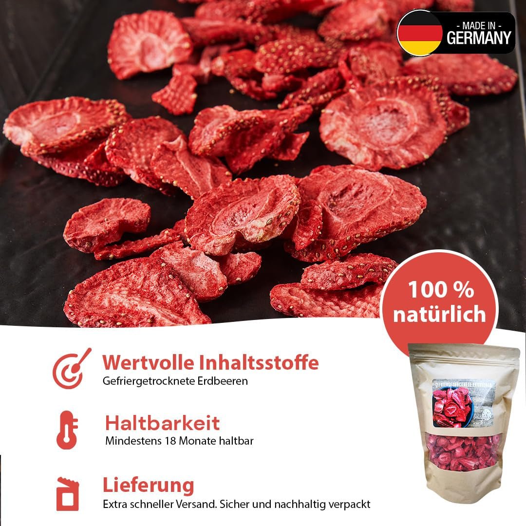 '- 150 g 100% naturalnych i czystych truskawek liofilizowanych - Truskawki suszone w plasterkach - Owoce suszone liofilizowane bez dodatku cukru - Niesłodzone chipsy truskawkowe Produkty suszone Naty Shop