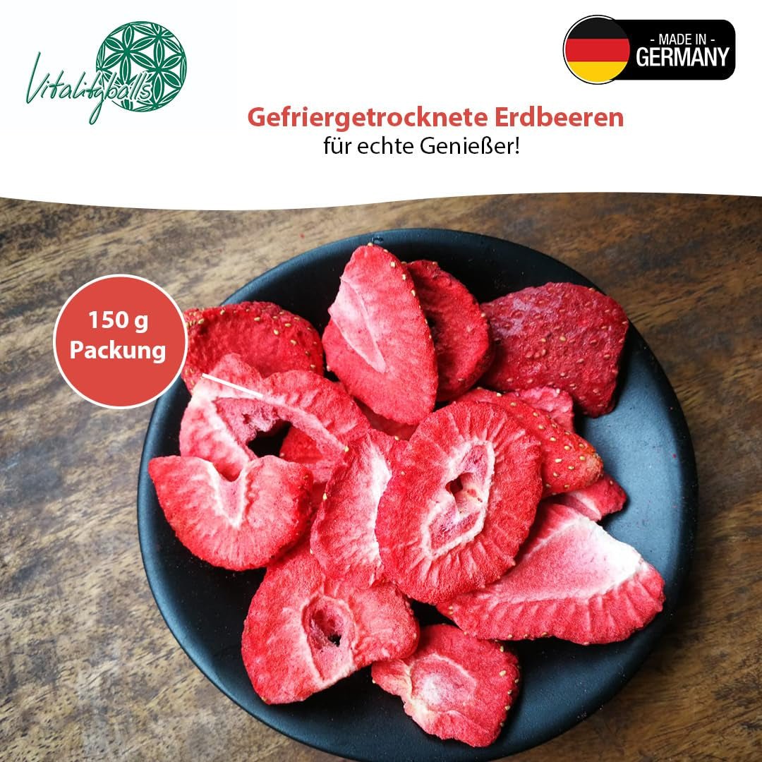 '- 150 g 100% naturalnych i czystych truskawek liofilizowanych - Truskawki suszone w plasterkach - Owoce suszone liofilizowane bez dodatku cukru - Niesłodzone chipsy truskawkowe Produkty suszone Naty Shop