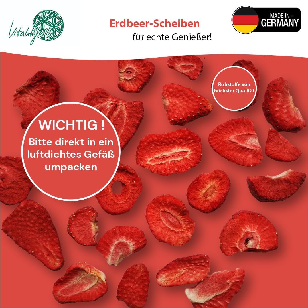 '- 150 g 100% naturalnych i czystych truskawek liofilizowanych - Truskawki suszone w plasterkach - Owoce suszone liofilizowane bez dodatku cukru - Niesłodzone chipsy truskawkowe Produkty suszone Naty Shop