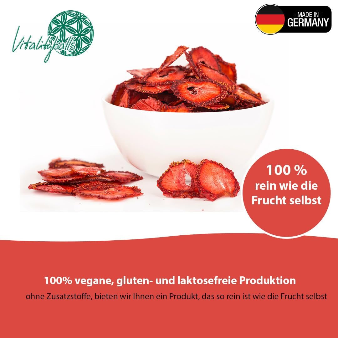 '- 150 g 100% naturalnych i czystych truskawek liofilizowanych - Truskawki suszone w plasterkach - Owoce suszone liofilizowane bez dodatku cukru - Niesłodzone chipsy truskawkowe Produkty suszone Naty Shop