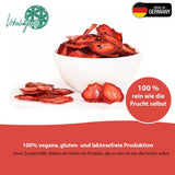 '- 150 g 100% naturalnych i czystych truskawek liofilizowanych - Truskawki suszone w plasterkach - Owoce suszone liofilizowane bez dodatku cukru - Niesłodzone chipsy truskawkowe Produkty suszone Naty Shop