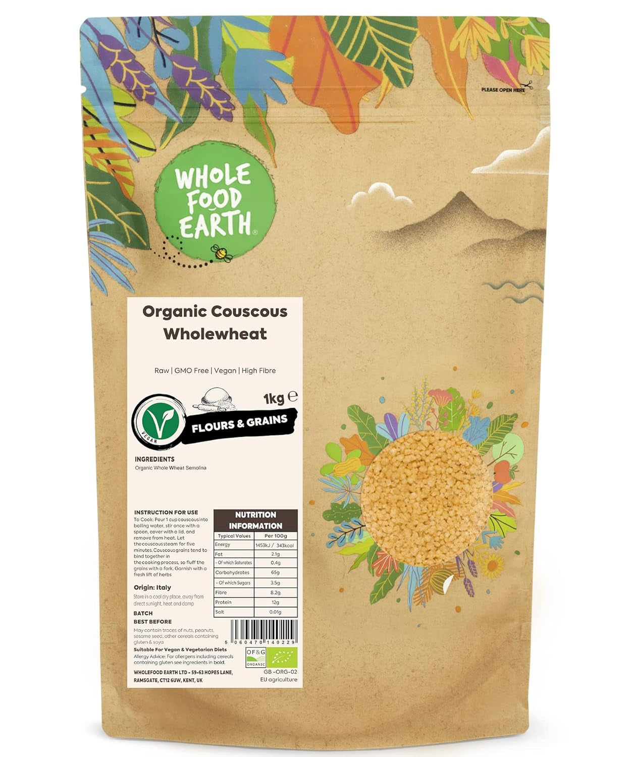 Organiczny kuskus pełnoziarnisty – 1kg | Surowy | Bez GMO | wegańskie | Bogaty w błonnik | Certyfikowane organiczne