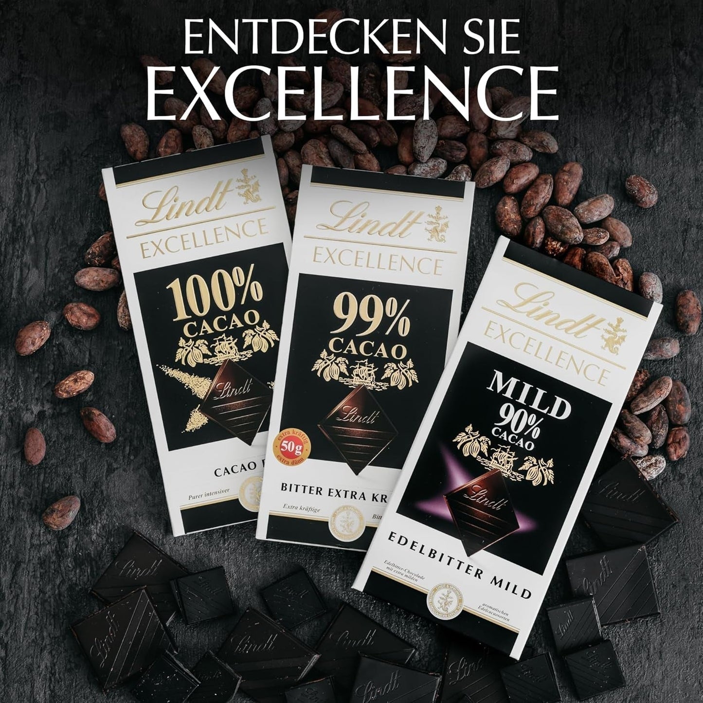 Lindt EXCELLENCE 99% Kakao - Edelgorzka czekolada | 50 G Tafel | Extra Kräftige Gorzka Czekolada | Wzmacniacz Kakao-Geschmack | Ciemna czekolada | Wegańska Schokolade | Sklep Schokoladengeschenk Naty