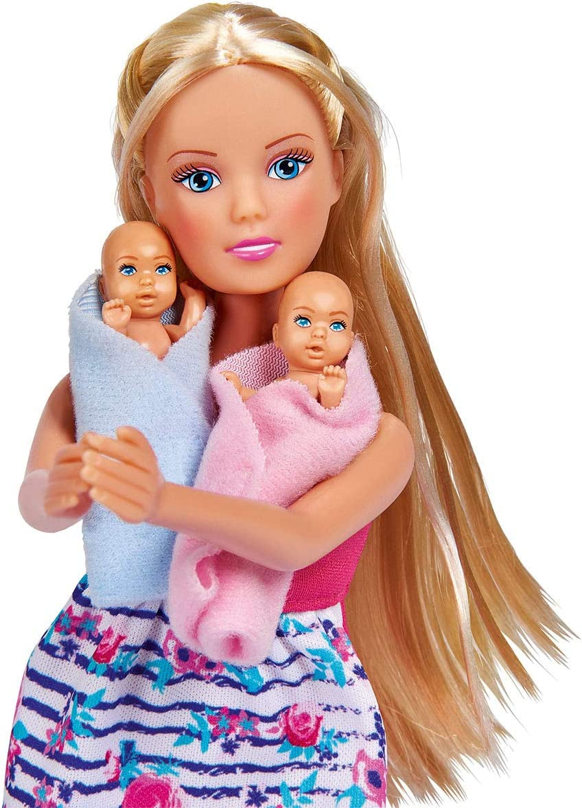 Simba 105733333 - Steffi Love Welcome Twins, ciężarna lalka z bliźniakami, przewijak i wanna, akcesoria, lalka modowa, 29 cm, dla dzieci w wieku 3 lat i więcej