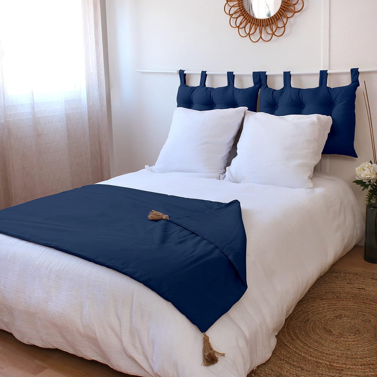 Enjoy Home - Kolekcja Panama - Kołdra z 4 jutowymi frędzlami - 100% bawełna - Certyfikat Oeko-Tex - 90 X 190 cm - Kolor: granatowy Kołdry i kołdry Naty Shop Domyślny tytuł