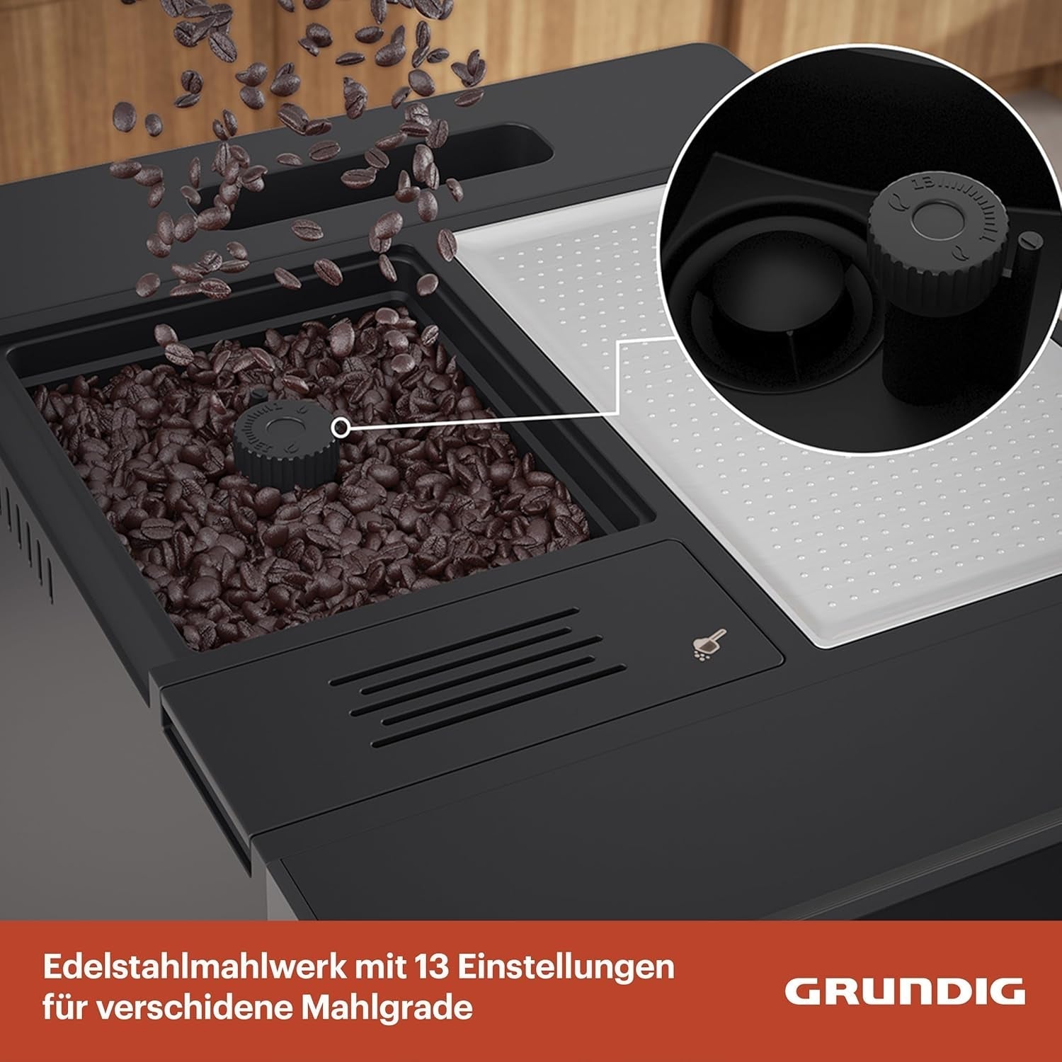 GRUNDIG KVA 6230 w pełni automatyczny ekspres do kawy ze spieniaczem do mleka, młynek ze stali nierdzewnej z 13 stopniami mielenia, pojemnik na ziarna 250 g, wyjmowany zbiornik na wodę 2 litry, ciśnienie pompy 19 bar, wyświetlacz dotykowy, czarny