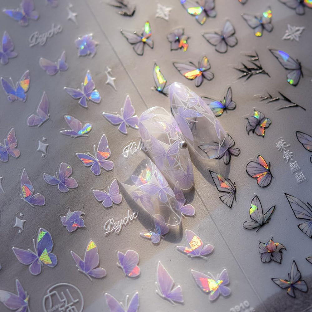 2 Blätter Schmetterling Nagelsticker Selbstklebend,Muschel Glitzer Nail Art Motyl Naklejka na paznokcie Lila Grau Schmetterlinge Nagelaufkleber Relief Laserowe motyle Nagel Naklejka Nageldesign Zubehör