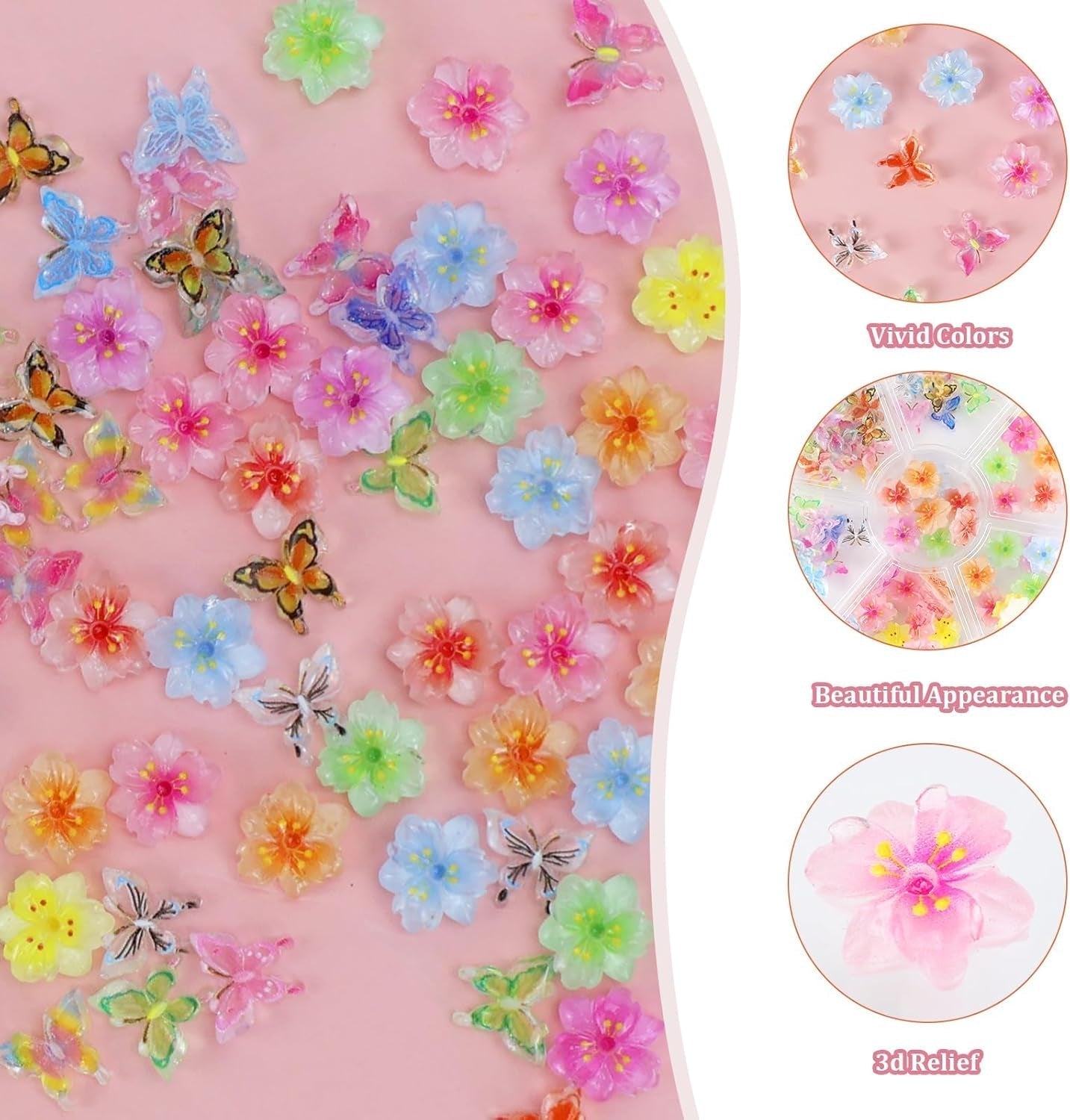 YICH Charms do paznokci Nägel Charms 50 sztuk 3D kwiaty + 50 sztuk 3D Schmetterling, letni zestaw Nägel Deko Schmetterling/kwiaty Nail Art Nailart