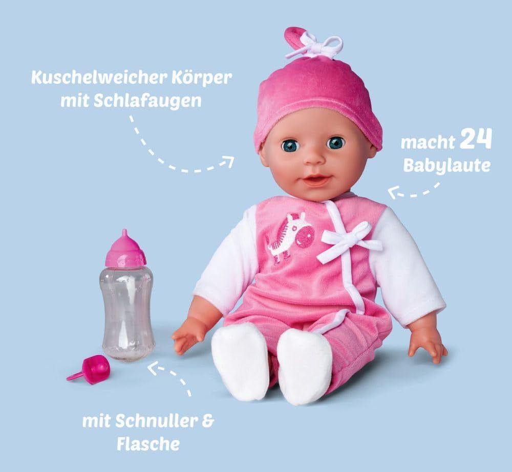 Simba 105140489 - Laura Baby Talk Doll, 38 cm lalka z miękkim ciałem i zaspanymi oczami w uroczym kombinezonie, 24 dźwięki dziecka, lalka do zabawy, lalka Baby, wiek 2+
