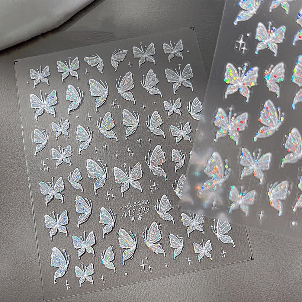 Aurora Muschel Schmetterling Nagelsticker Weiß Schmetterlinge Naklejka na paznokcie Gelee Relief Butterfly Nagelaufkleber Y2K Motyle Nagel Naklejka Nägel Nageldesign Nagel Zubehör Naklejki na paznokcie Nailart