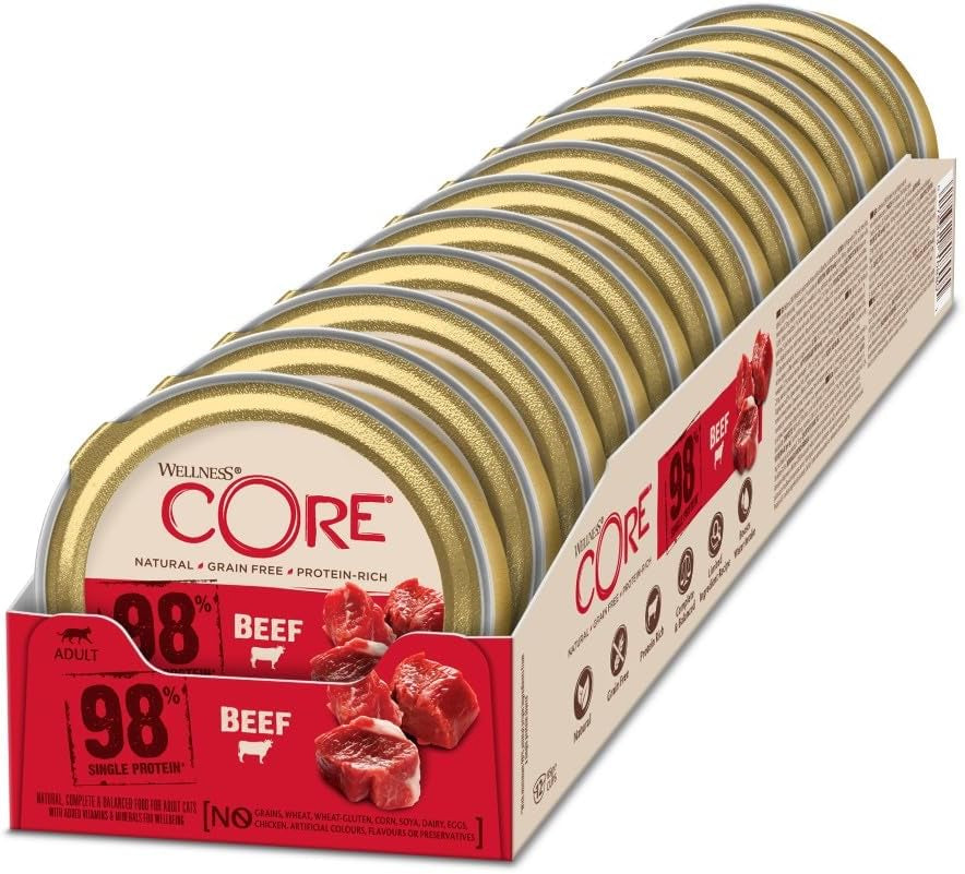 Wellness CORE 98% 12 x 85g, Wołowina - Mokra karma dla kotów, gęsty pasztet, bez zbóż, naturalna, hipoalergiczna, bogata w białko, bogata w mięso