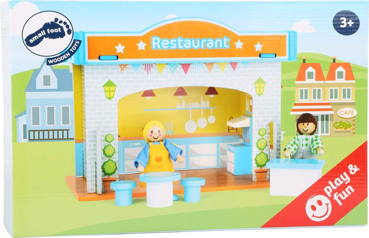 Small Foot 10852 Playhouse Restaurant Wykonane z drewna, z 2 figurkami lalek, akcesoriami i zdejmowanym dachem, od 3 lat Domki dla lalek Naty Shop