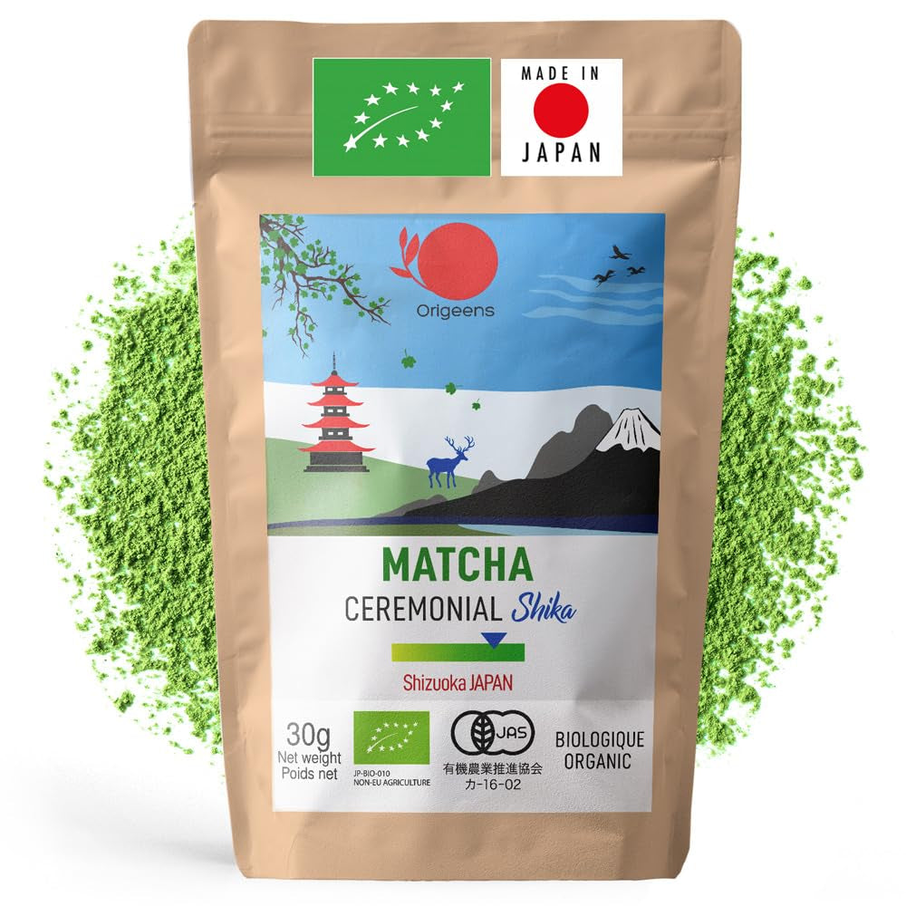 ORIGEENS BIO MATCHA CEREMONIAL GRADE „SHIKA” - Organiczna japońska herbata z Shizuoki - Matcha Latte/Usucha - 30g torebka uzupełniająca - Ceremonial Grade Organiczna zielona herbata Matcha w proszku