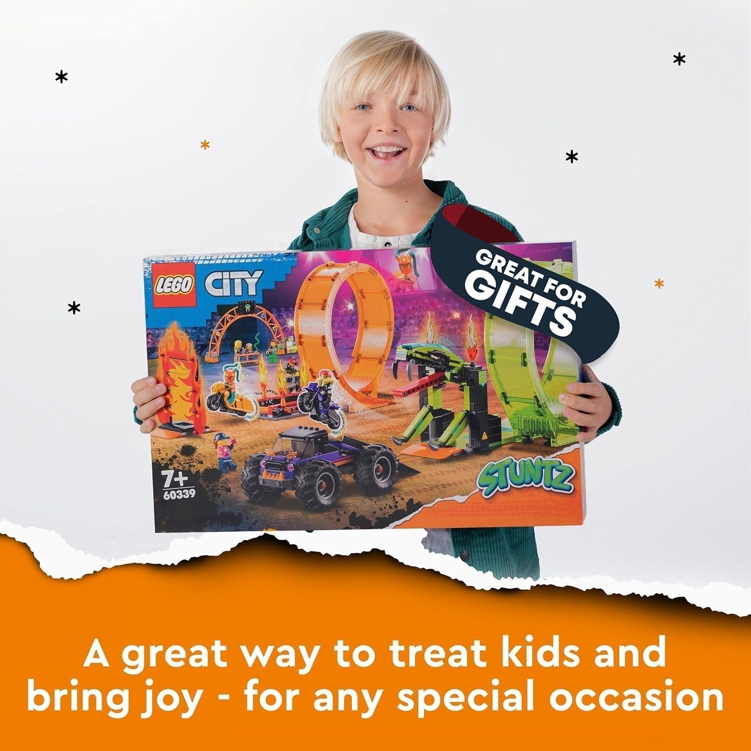 LEGO 60339 City Stuntz Zestaw kaskaderski z podwójną pętlą, zawiera. rampa, monster truck, 2 motocykle i 7 minifigurek, zabawka dla dzieci powyżej 7 lat Zestawy do budowania Besuche den LEGO-Store