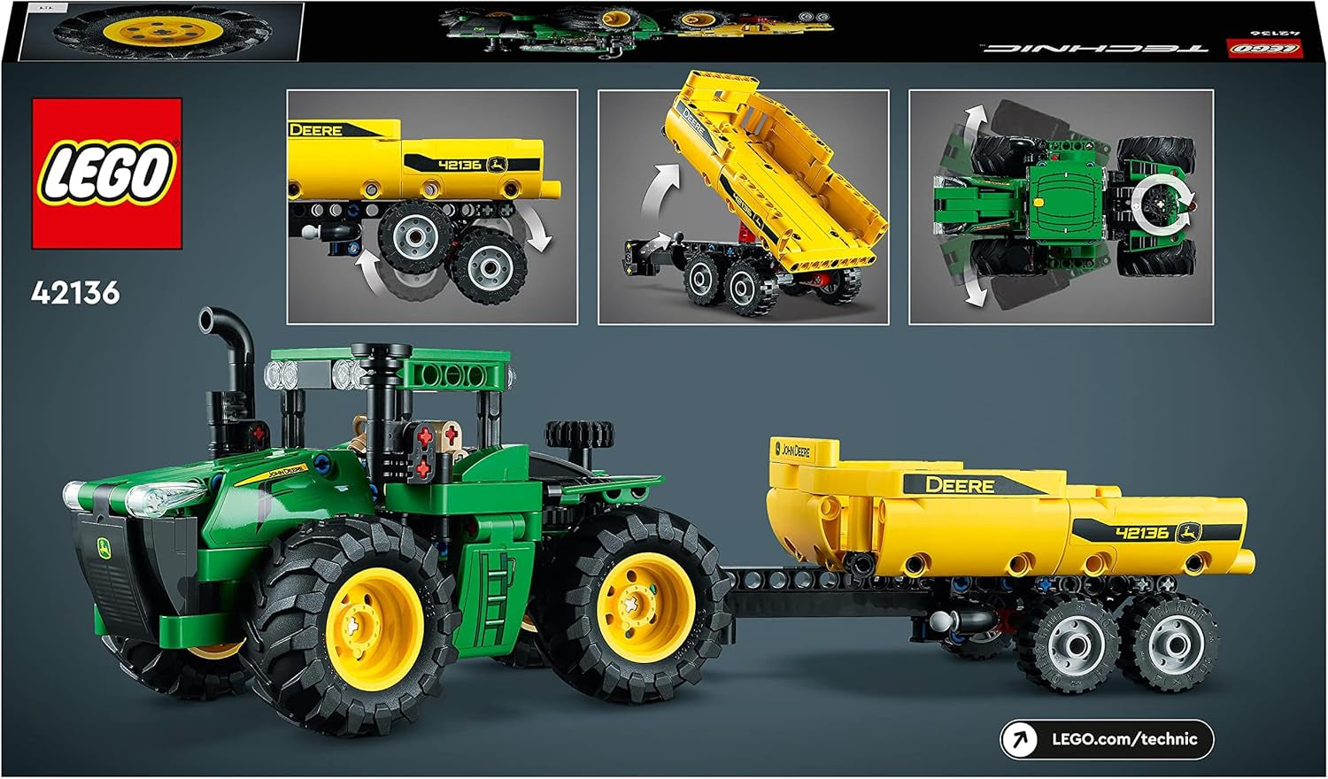LEGO Technic Ciągnik 4WD John Deere 9620R z przyczepą wywrotki Klasyczna zabawka rolnicza dla dzieci dla chłopców i dziewcząt w wieku 8 lat Model kolekcjonerski 42136 Zestawy do budowania Besuche den LEGO-Store