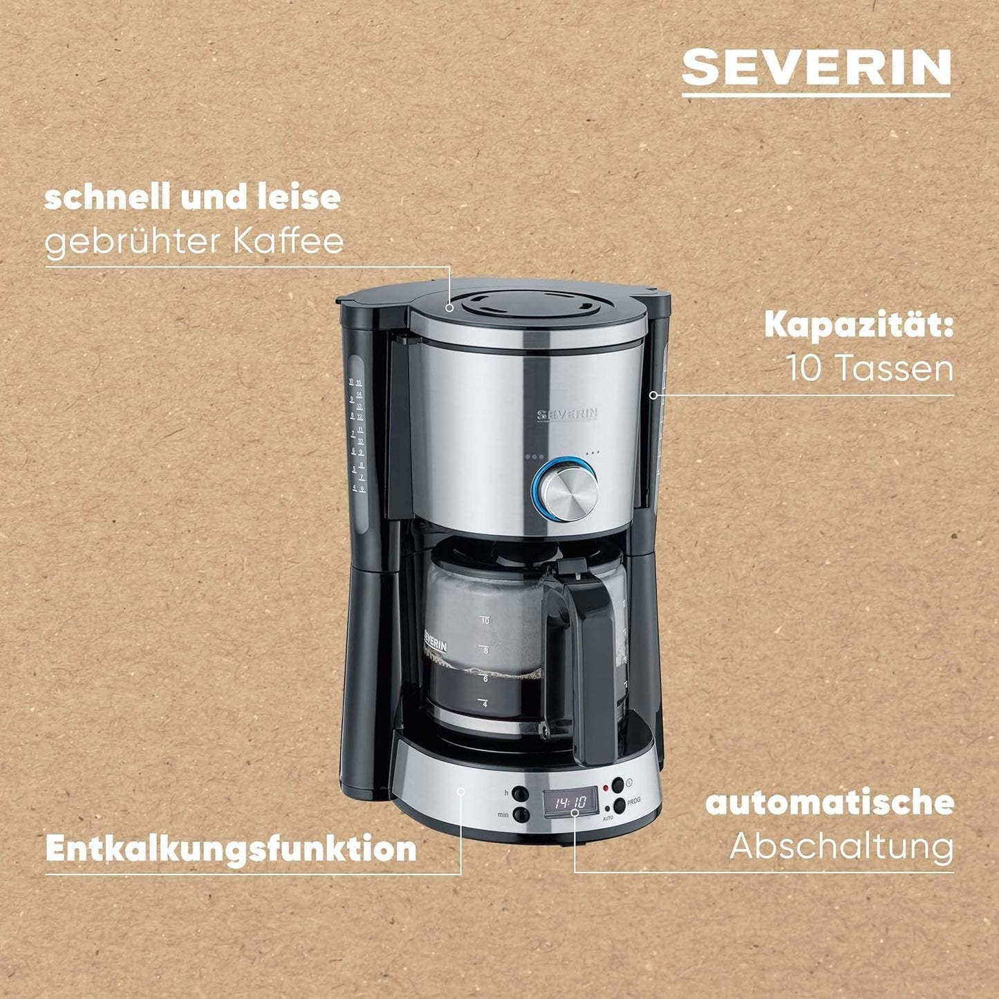 Ekspres SEVERIN „TypeSwitch” ze szklaną karafką i timerem, AromaSwitch do wyboru 2 opcji parzenia, zegar cyfrowy z funkcją timera, na maksymalnie 10 filiżanek, 1000W, stal nierdzewna szczotkowana-czarna, KA 4826