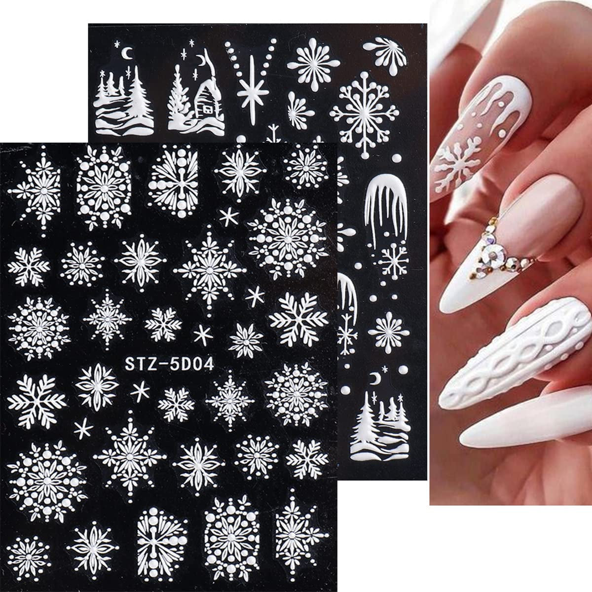 4 Blatt 3D Nagelsticker Weihnachten Nagelaufkleber Boże Narodzenie 5D Stereoskopisch Selbstklebend Schneeflocke Schneemann Nail Art Naklejka Dekoracja Nageldesign Zubehör