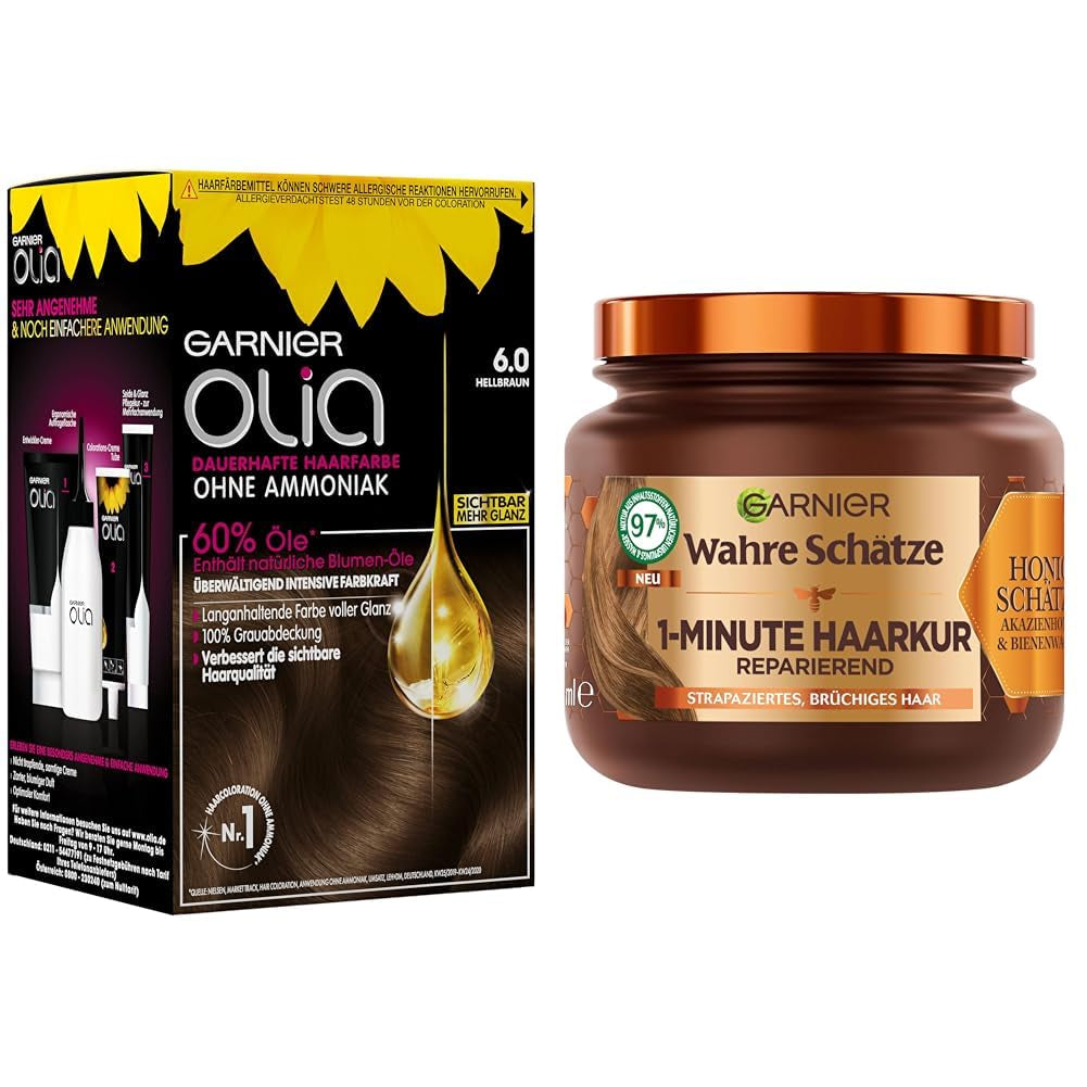 Garnier Olia Hair Color 6.0 Light Brown + True Treasures Repair Treatment (340ml) do włosów zniszczonych - koloryzacja bez amoniaku, naturalne olejki, pokrycie siwych włosów, miód i wosk pszczeli, mniej łamliwych włosów Farba do włosów Naty Shop Koloryzacja + kuracja naprawcza