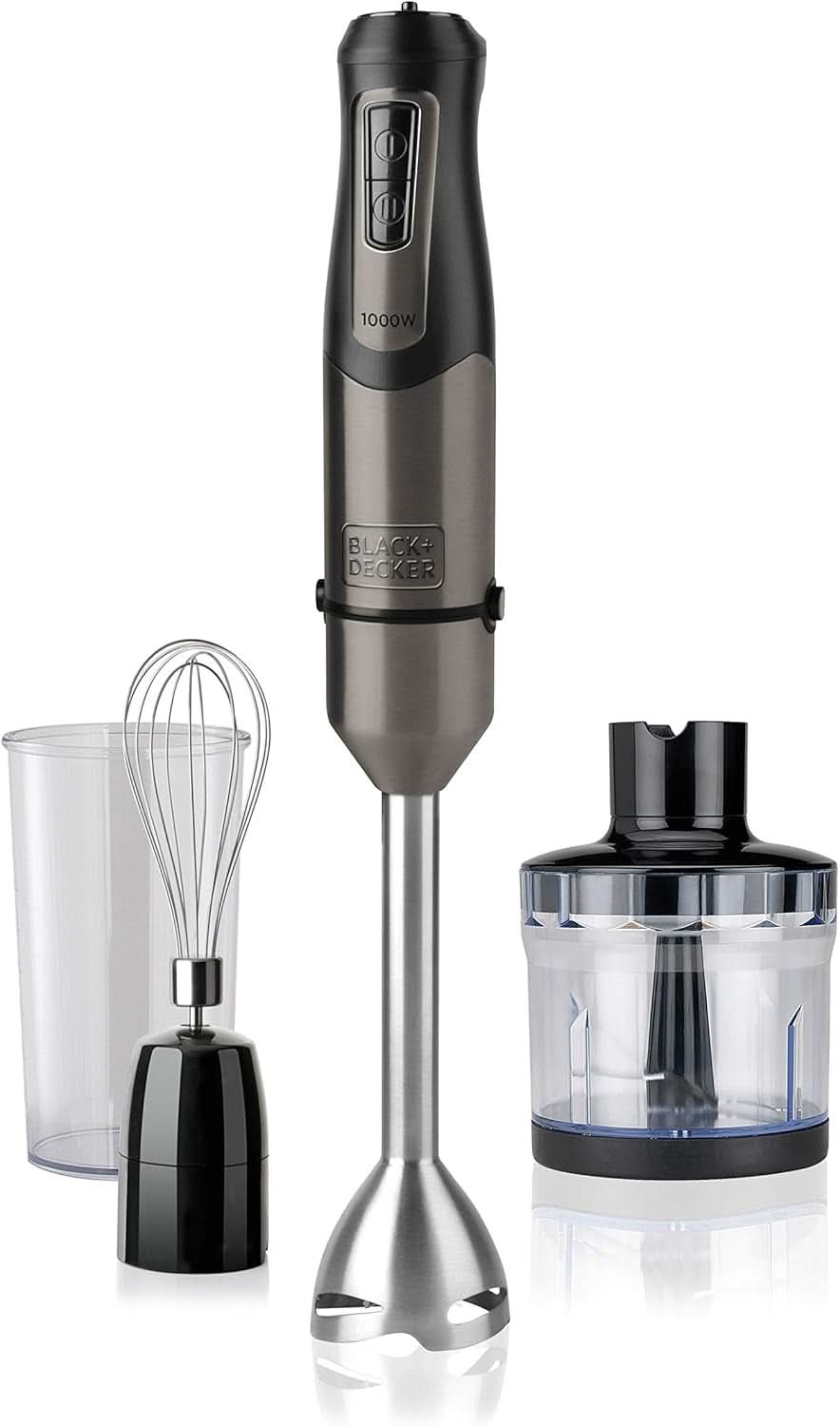 BLACK+DECKER Mikser stojący | BXHBA1500E | 1500 watów | 20 prędkości | Turbo | Edelstahl | Spritzschutz | Zawiera Pürieraufsatz, Schneebesen, Zerkleinerer Und Messbecher Kitchen Naty Shop Single 3 Zubehörteile 1000W