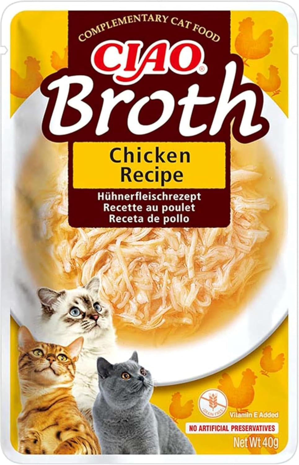 INABA Ciao Broth Mokra karma dla kotów 88% wilgoci i witaminy E, zupa premium dla kotów z kurczakiem 40g (opakowanie 12 szt.), 100% naturalnego mięsa, bez zbóż, bez cukru