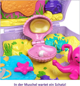 Pudełko do przechowywania Polly Pocket Torba w kształcie muszli z 2 lalkami i 1 łodzią podwodną Polly Pocket Zabawka syrenka, wiek 4+ GNH11