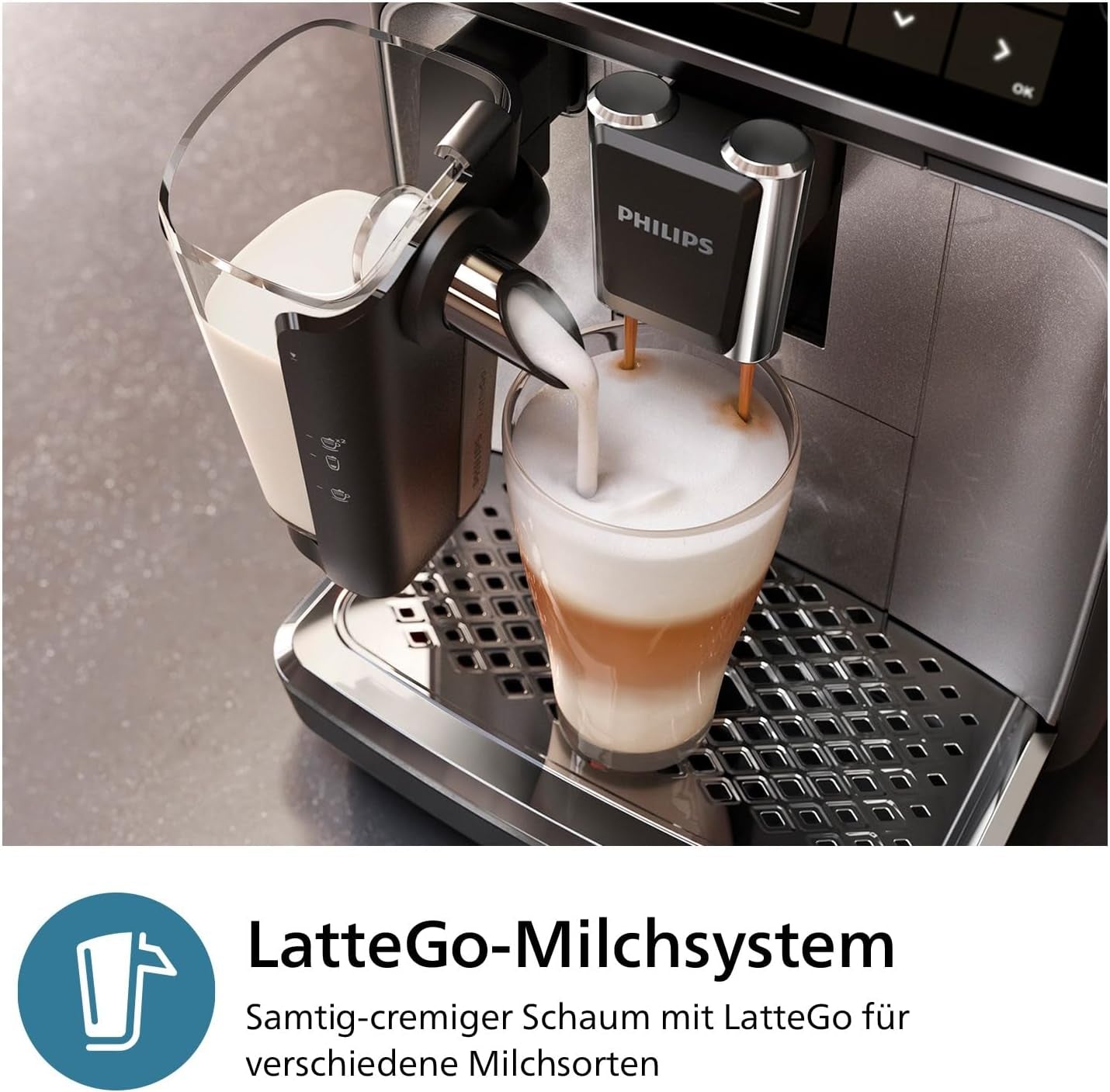 Automatyczny ekspres do kawy PHILIPS seria 3300 - 6 napojów, nowoczesny kolorowy ekran dotykowy, system przygotowania mleka LatteGo, SilentBrew, młynek 100% ceramiczny, filtr AquaClean. Czarny chrom (EP3347/90)