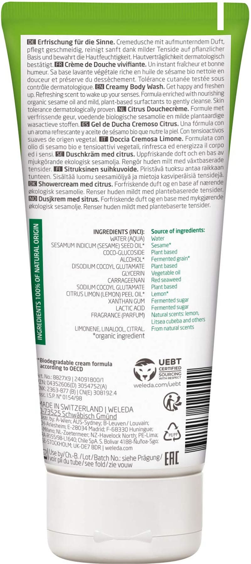 WELEDA Organic Refresh Żel pod prysznic Wegański, unisex żel pod prysznic, smak cytrynowo-pomarańczowy, 200 ml Naty Shop